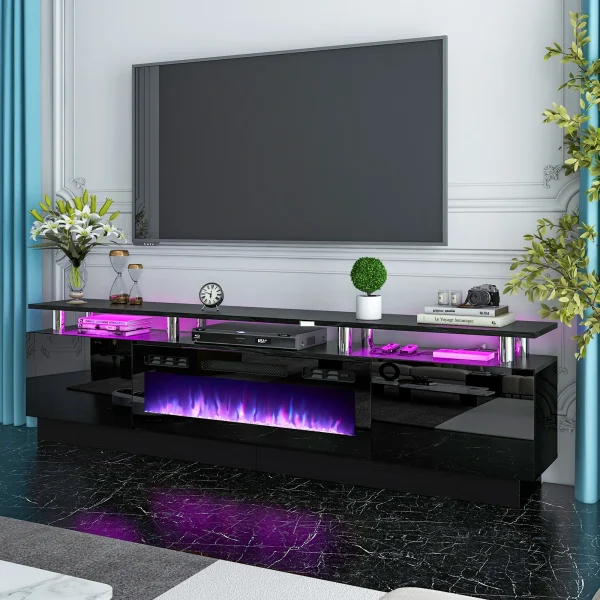 Fireplace TV Stand with 36" Electric Fireplace, LED Light Entertainment Center, Modern Wood Texture Entertainment Stand, Black