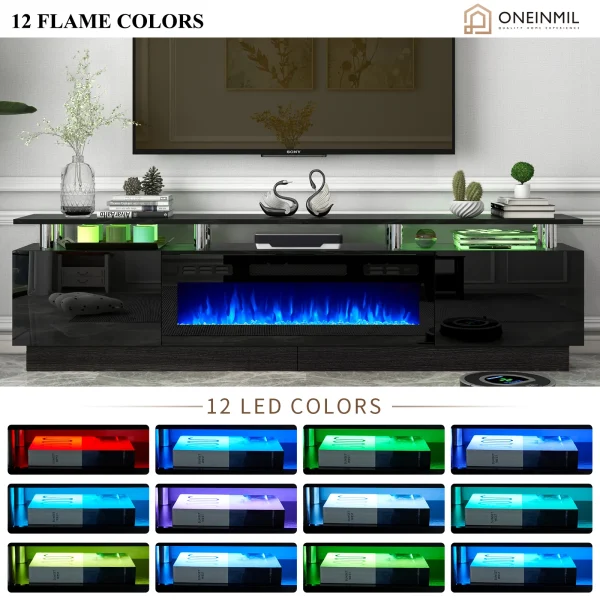 Fireplace TV Stand with 36" Electric Fireplace, LED Light Entertainment Center, Modern Wood Texture Entertainment Stand, Black - Image 4