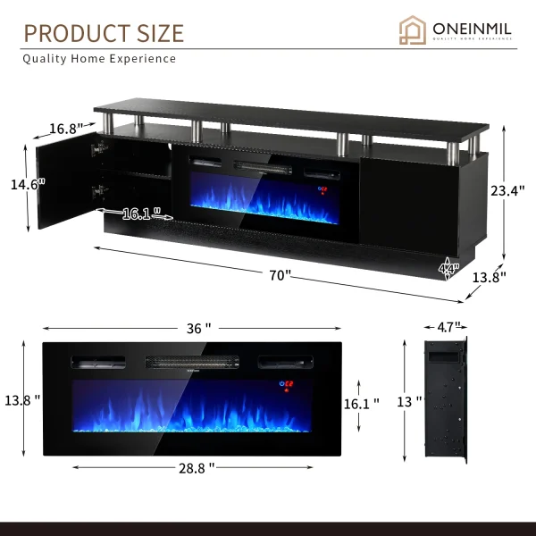 Fireplace TV Stand with 36" Electric Fireplace, LED Light Entertainment Center, Modern Wood Texture Entertainment Stand, Black - Image 6