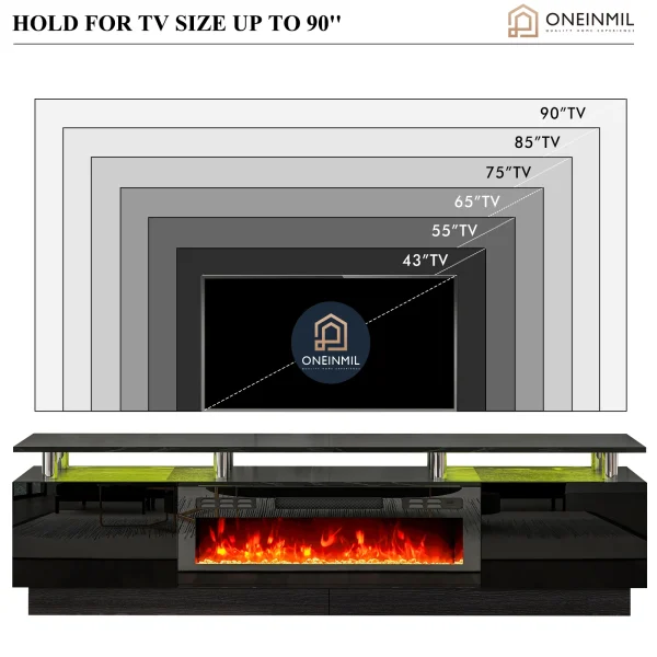 Fireplace TV Stand with 36" Electric Fireplace, LED Light Entertainment Center, Modern Wood Texture Entertainment Stand, Black - Image 5