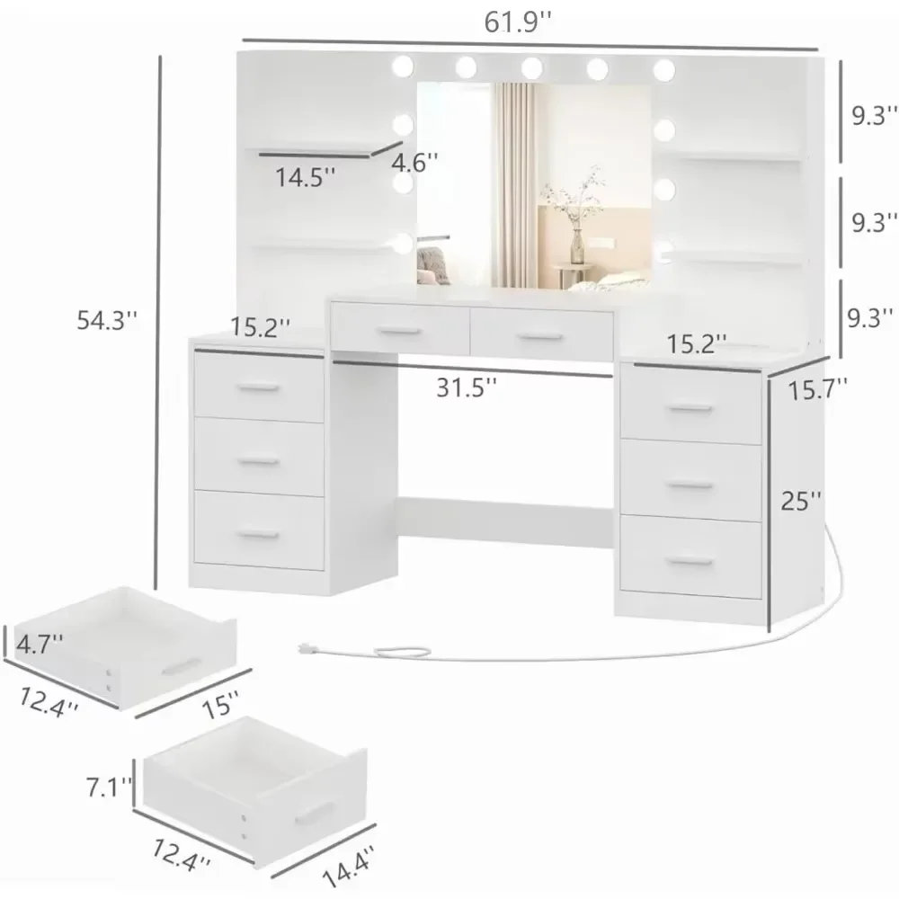 Makeup Vanity Table with Mirror & Lights, Vanity Desk with Power Strip, Large Drawer & Six Open Storage Dresser, Dressing Table - Image 6
